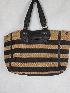 Juicy Couture Daydreamer Black Faux Leather Tan Straw Striped Tote Purse Earthy